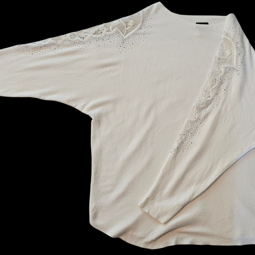Tahari Cream Colored Embroidered Blouse with Lace and Sequin Sleeves.